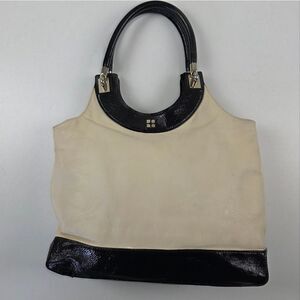 Kate Spade Beige Leather Black Patent Leather Tote Handbag Purse